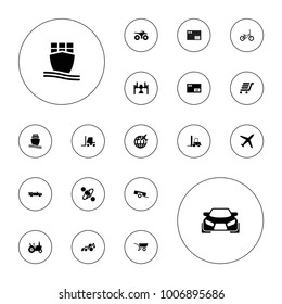 Editable vector transport icons: tractor, excavator, plane, parcel, box, cargo ship, luggage cart, cabriolet, bicycle, wheel barrow, barrow, car on white background.