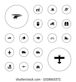 Editable vector transport icons: tractor, toy car, concrete mixer, wheelbarrow, question box, luggage cart, shipping truck, bicycle, plane, tank on white background.