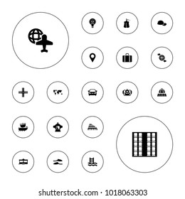 Editable vector travel icons: luggage belt, slippers, car, location, world map, trailer, swimming ladder, globe and plane, qround the globe on white background.