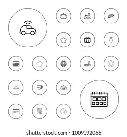 Editable vector trendy icons: calendar, purse, sale, star, factory, peace, rainbow, car, curly hair on white background.