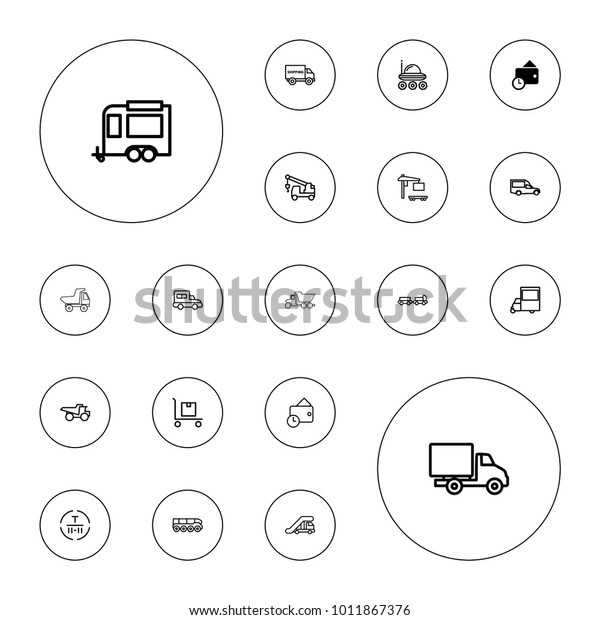 Editable vector truck icons: wallet, truck\
with luggage, van, trailer, tractor, cargo terminal, cargo on cart,\
delivery car on white\
background.
