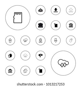 Editable vector upload icons: top of cargo box, download cloud, download document, arrow up, arrow down on white background.
