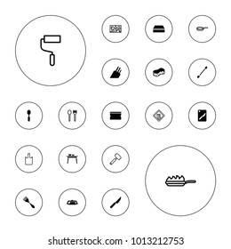 Editable vector utensil icons: pan, cotton buds, sponge, spoon, chopping board and knife, knife, roller, fork and spoon, restaurant, pan-fry on white background.