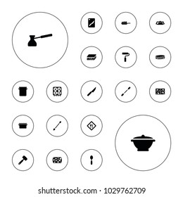 Editable vector utensil icons: pan, cotton buds, sponge, spoon, paint roller, restaurant, pan-fry, chopping board and knife, knife, turk on white background.