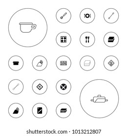 Editable vector utensil icons: plate fork and spoon, cooker, restaurant, chopping board and knife, knife, cotton buds, sponge, corolla, pan on white background.