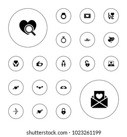 Editable vector valentine icons: bow, hand with heart, laptop with heart, love word, ring, love letter, women couple on white background.