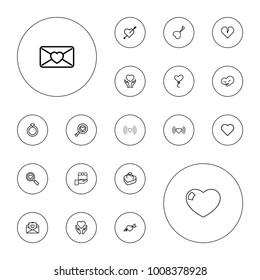 Editable vector valentine icons: heart, gift, heart with arrow, ring, love letter on white background.