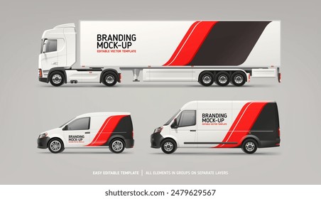 Camioneta de Vector editable, maqueta de camión con marca y etiqueta de identidad corporativa. Gráficos Abstractas de rayas rojas y negras para el fondo de volante de negocios.  Concepto de identidad de marca