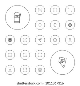 Editable vector vegas icons: diamonds, dice, roulette, vegas, casino chip, casino boy on white background.