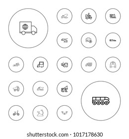 Editable vector vehicle icons: tractor, helicopter, van, forklift, locomotive, courier on motorcycle, sport car, weapon truck, child bicycle, toy car on white background.