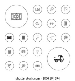 Editable vector view icons: shutter blinds, window, toy car, mirror, direction, football pitch, magnifier, search share, zoom out, plan, tv set, jalousie on white background.