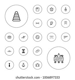 Editable vector vintage icons: tie, hourglass, bread, alarm, pyramid, desk phone, jackpot, woman hat, maple syrup, luggage, street lamp on white background.