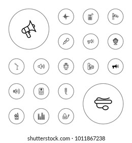 Editable vector voice icons: megaphone, microphone, volume, pin microphone, equalizer, music equalizer, speaker, music loudspeaker on white background.