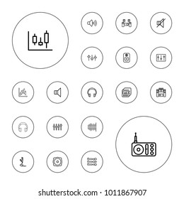Editable vector volume icons: headphones, panel control, radio, volume, equalizer, megaphone, no sound, speaker, loud speaker set, sliders, earphones on white background.