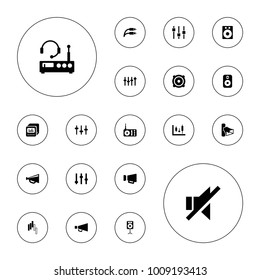 Editable vector volume icons: megaphone, adjust, speaker, panel control, radio, volume, equalizer, no sound, loud speaker with equalizer, earphone wire on white background.