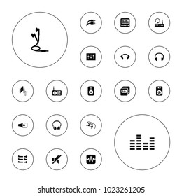 Editable vector volume icons: radio, no sound, sliders, earphones, loud speaker with equalizer, earphone wire, slider, equalizer, headset, speaker on white background.