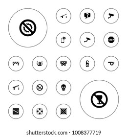 Editable vector warning icons: barrier, siren, security camera, do not disturb, no dry cleaning, no alcohol, road barrier, stop, security camera, skull on white background.