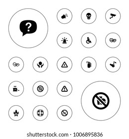 Editable vector warning icons: disabled, welding glasses, bonfire, hands washing, exclamation, handle with care, fan, siren, voltage warning on white background.