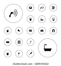 Editable vector wash icons: shower, hairstyle, bucket, sponge, dust brush, washing machine, toothbrush, gloves, towels, clean wine glass on white background.