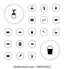 Editable vector wash icons: washing machine, baby bath, spa mask, soap, sponge, bucket, toothbrush, shower, car wash, clean window, dust brush on white background.