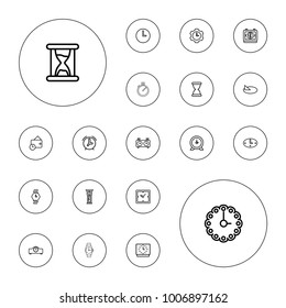 Editable vector watch icons: clock, wallet, wall clock, wrist watch, sundial, hourglass, pendulum, gear clock, alarm on white background.