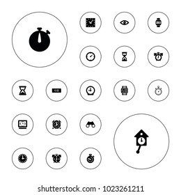 Editable vector watch icons: clock alarm, eye, binoculars, stopwatch, clock, wrist dial watch, hourglass, pendulum on white background.