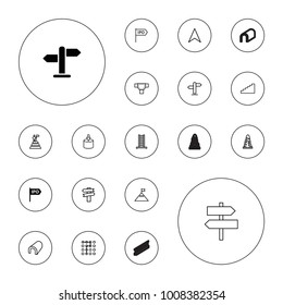 Editable vector way icons: direction, ladder, tunnel, road, entrance, labyrinth, navigation arrow, stairs, man at the top of the mountain with flag on white background.