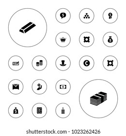Editable vector wealth icons: crown, money sack, gold, dollar sign in cloud, check, illustrgeneric currencyation, safe, hat, coin, money, coin, chest on white background.