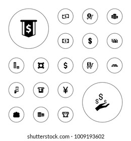 Editable vector wealth icons: dollar, atm money withdraw, purse, dollar sign, coin, crown, coin, payment, gold, money on hand, money on white background.