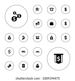 Editable vector wealth icons: money sack, atm money withdraw, dollar, sack, dollar sign, coin, safe, coin, gold, purse on white background.