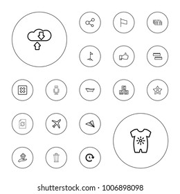Editable vector web icons: time, abc cube, baby onesie, child building kit, plane, cancel, paper plane, share, thumb up, download cloud, favorite user on white background.