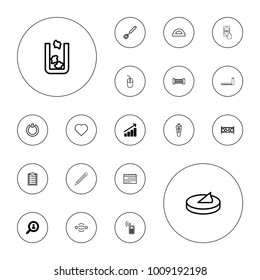 Editable vector web icons: user search, graph, trash bin, hearts, mouse, protractor, checklist, fence, atom interaction, calendar, remote control, corolla on white background.