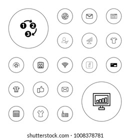 Editable vector website icons: 1 2 3, envelop, elevator, shirt, t-shirt, calculator, signal, mail, t-shirt, thumb up, marketing, radio, home, wi-fi on white background.