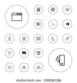 Editable vector website icons: 1 2 3, paper plane, chat, house building, baby girl, woman in spa, finger on tablet, t-shirt, browser window, calculator on white background.