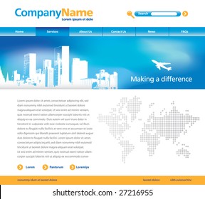 Editable vector website template with cityscape, jet and map