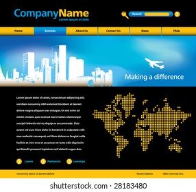 Editable vector website template with cityscape, jet and map