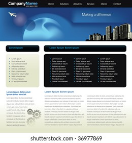 Editable vector website template with cityscape, jet and map