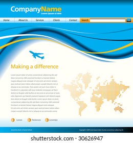 Editable vector website template with a jet and map