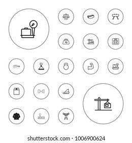 Editable vector weight icons: lugagge weight, floor scales, hook with cargo, scales, hot dog, fintess equipment, treadmill, cargo container, weight on white background.
