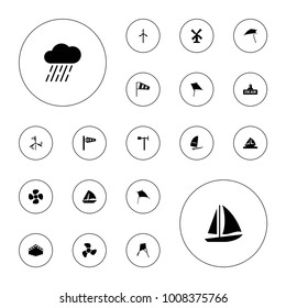 Editable vector wind icons: wind cone, mill, kite, sailboat, rain, weather vane, fan, open air, harmonica, boat, windsurfing on white background.