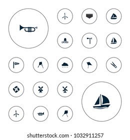 Editable vector wind icons: mill, wind cone, kite, sailboat, fan, dandelion, weather vane, trumpet, cloth pin, rain, open air on white background.