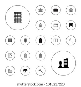 Editable vector window icons: window squeegee, building, shutter blinds, hospital building, curtain, jalousie, store on white background.