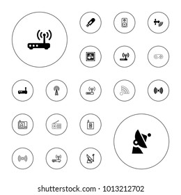 Editable vector wireless icons: signal, router, satellite, loudspeaker, intercom, signal tower, joystick, photo with heart, flash drive, radio on white background.