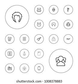 Editable vector woman icons: woman wc, girl, hairstyle, hair barrette, casino girl, sport bra, skirt, jacket, hair, wrist dial watch, curly hair on white background.