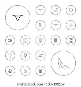Editable vector women icons: face, straight hair, necklace, woman boot, female wc, shoe, female underwear, bag, woman wc, hair curler, curly hair on white background.
