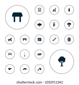 Editable vector wood icons: garden bench, restaurant table, table, wardrobe, axe, toy horse, hoe, tree, pine-tree, bench, outdoor chair, fence, drum stick on white background.