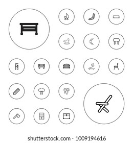 Editable vector wood icons: pencil, boomerang, table, chest, axe, chainsaw, bonfire, fence, bench, outdoor chair, cupboard, chair, ladder to the sky on white background.
