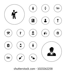 Editable vector worker icons: trowel, welding glasses, resume, wrench hummer, user, garden hammer, nurse, clipboard, man sleeping on table, casino girl on white background.