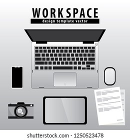 Editable Vector Workspace design template vector top view laptop, camera, tablet, document, smartphone, mouse