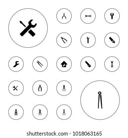 Editable vector wrench icons: wrench, pliers, saw, wrench and screwdriver on white background.